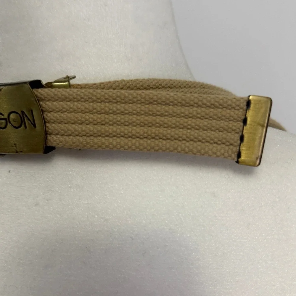 Vintage 80s Sasson Khaki Canvas Web Belt Gold Logo Buckle Designer‎ Jeans